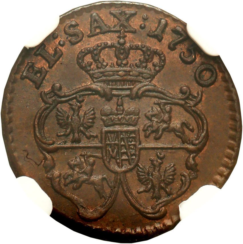 August III Sas. Szeląg 1750, Gubin lub Grünthal NGC MS64 BN (MAX)